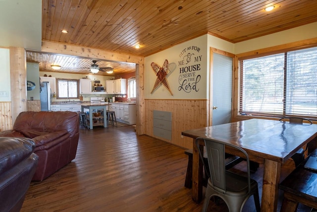 dining area featuring a ceiling fan, dark wood-style floors, a wainscoted wall, wood ceiling, and wood walls