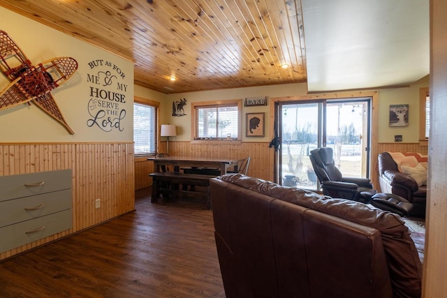 living room with a wealth of natural light, a wainscoted wall, wood walls, and wood ceiling