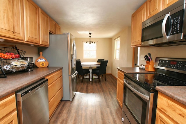 kitchen featuring dark countertops, a notable chandelier, stainless steel appliances, and wood finished floors