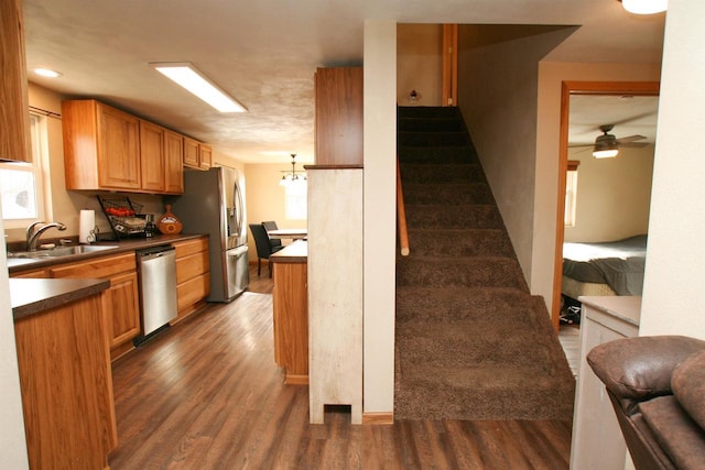 kitchen with ceiling fan, a sink, dark wood-type flooring, appliances with stainless steel finishes, and dark countertops