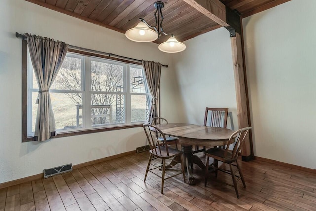 dining room featuring wood ceiling, wood finished floors, visible vents, and baseboards