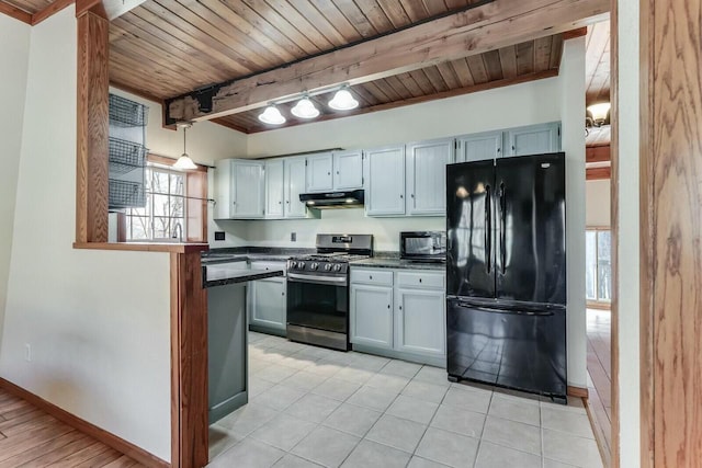 kitchen with dark countertops, under cabinet range hood, beamed ceiling, wood ceiling, and black appliances