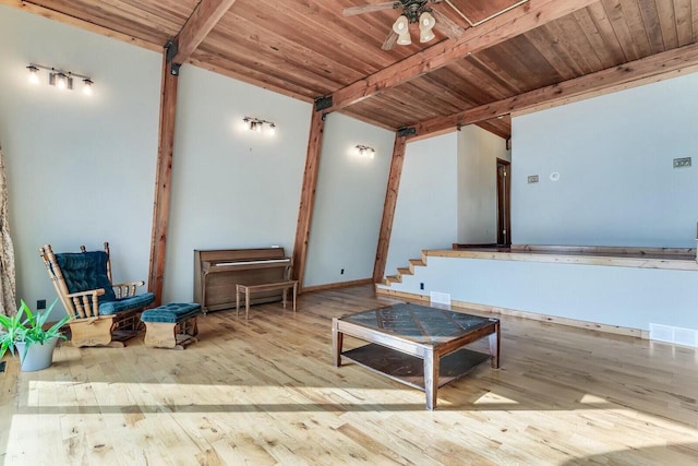 sitting room featuring wood ceiling, visible vents, beamed ceiling, and hardwood / wood-style floors