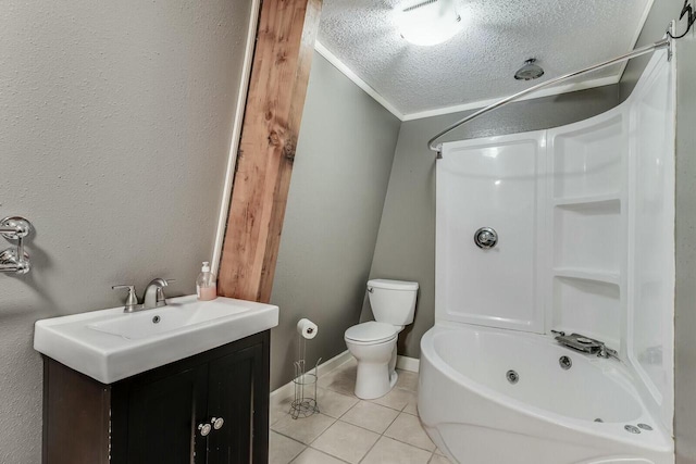 bathroom with crown molding, toilet, vanity, tile patterned floors, and a textured ceiling