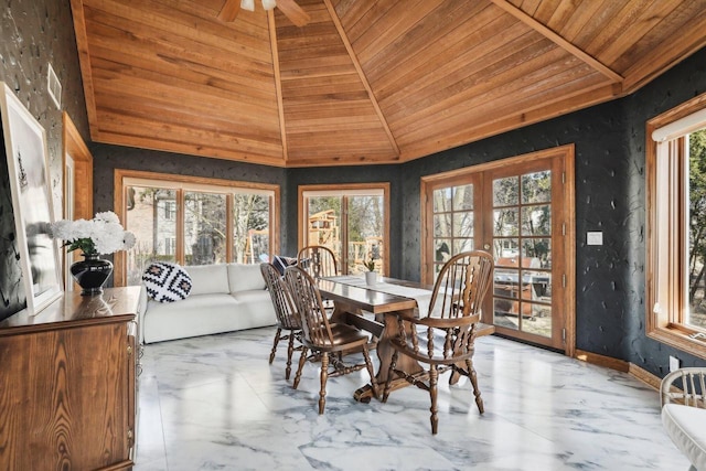 dining area featuring visible vents, lofted ceiling, wooden ceiling, french doors, and marble finish floor