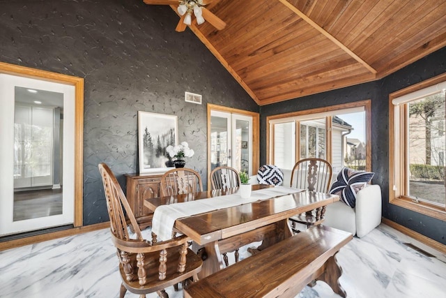 dining area featuring vaulted ceiling, wood ceiling, visible vents, and marble finish floor