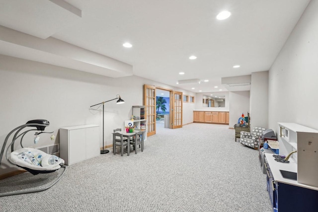 playroom with recessed lighting, french doors, carpet floors, and visible vents