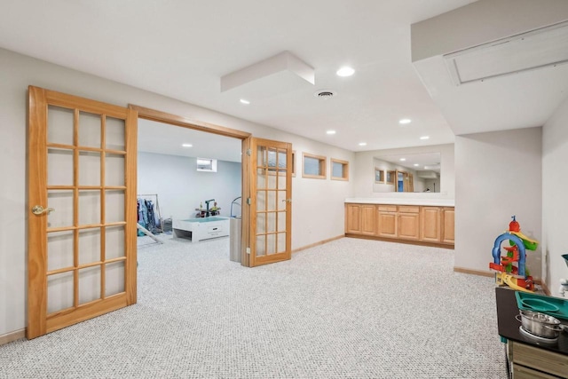 game room featuring recessed lighting, visible vents, carpet floors, and baseboards