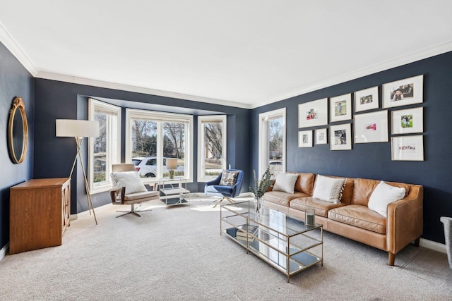 living room with baseboards, carpet, and crown molding