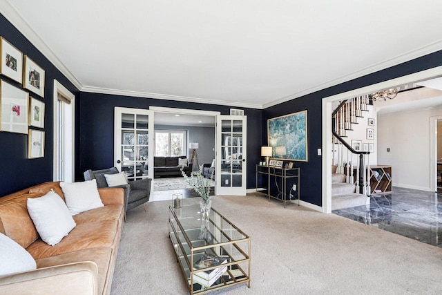 carpeted living room with crown molding, stairway, french doors, and baseboards