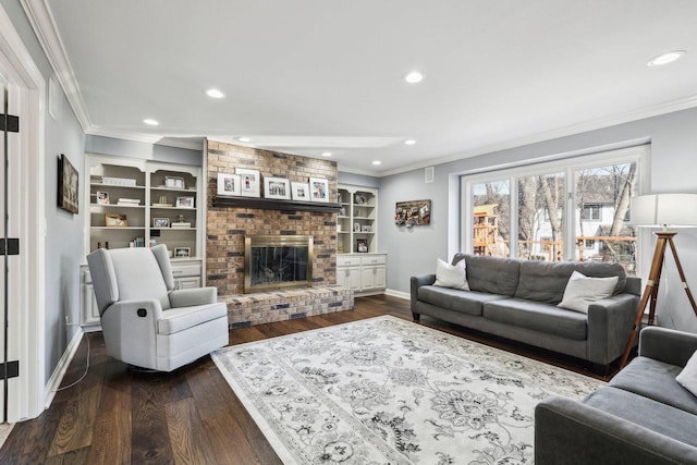 living area with dark wood finished floors, built in features, crown molding, and baseboards