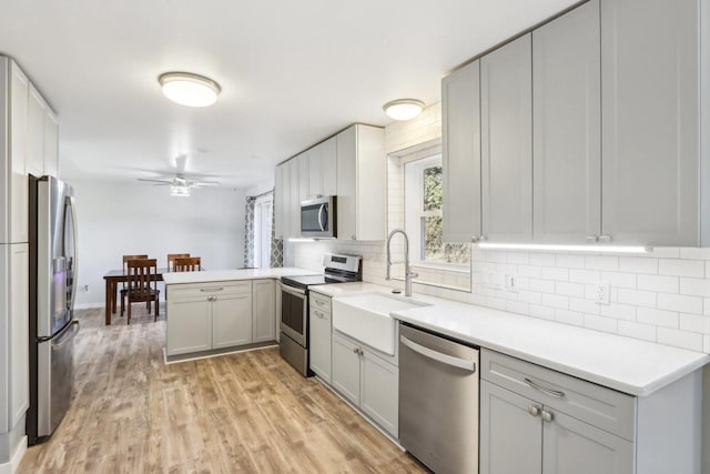 kitchen featuring tasteful backsplash, light wood-type flooring, a peninsula, stainless steel appliances, and a sink