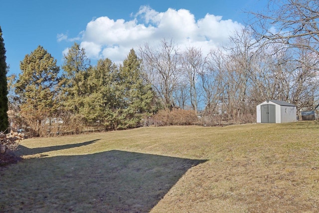 view of yard featuring an outbuilding and a storage shed