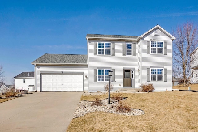 view of front facade with an attached garage, concrete driveway, a front lawn, and roof with shingles