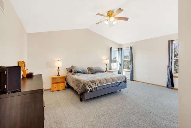 carpeted bedroom with baseboards, lofted ceiling, visible vents, and ceiling fan