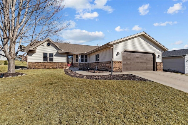 ranch-style home featuring concrete driveway, a garage, brick siding, and a front yard