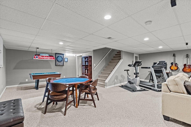 game room featuring recessed lighting, baseboards, carpet floors, and a paneled ceiling