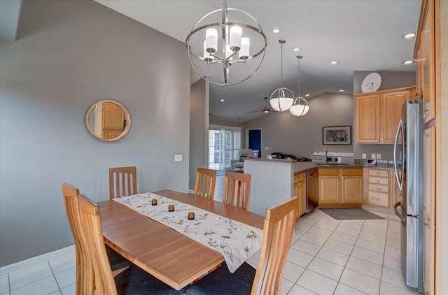 dining room featuring light tile patterned flooring, a notable chandelier, recessed lighting, and lofted ceiling