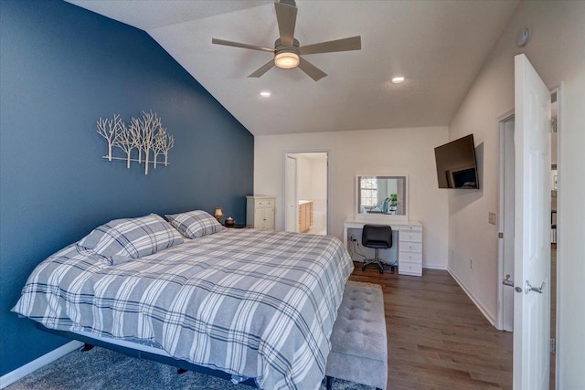 bedroom featuring wood finished floors, baseboards, lofted ceiling, recessed lighting, and ceiling fan