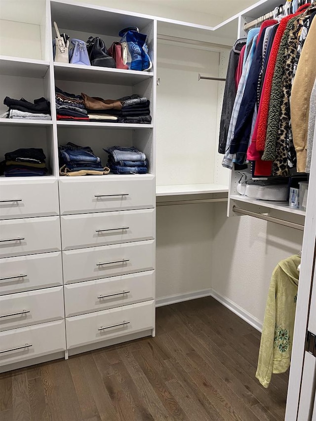 walk in closet with dark wood-type flooring