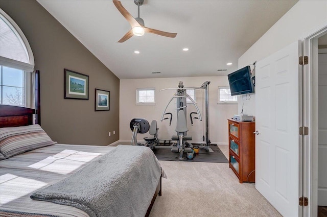 bedroom featuring recessed lighting, baseboards, carpet flooring, and vaulted ceiling