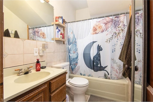 bathroom with backsplash, toilet, shower / tub combo with curtain, vanity, and tile walls