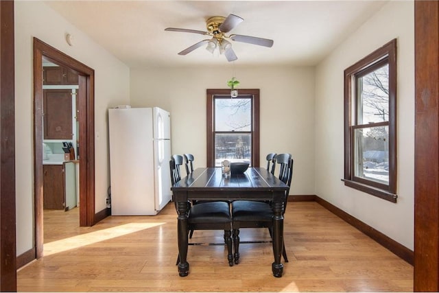 dining room with baseboards, a ceiling fan, and light wood finished floors