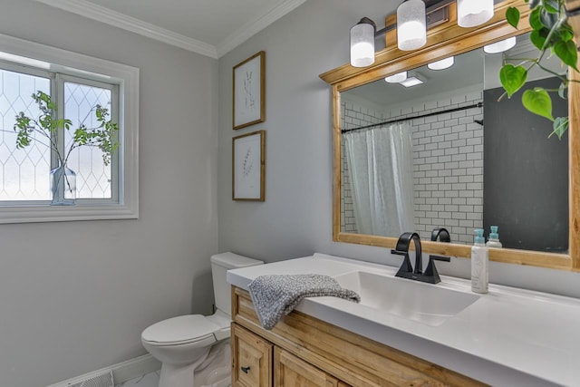 full bathroom featuring crown molding, baseboards, toilet, marble finish floor, and vanity