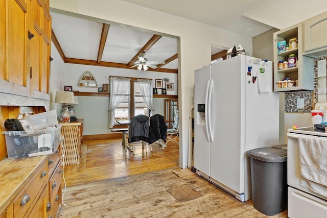 kitchen with ceiling fan, beamed ceiling, light countertops, light wood-style floors, and white appliances