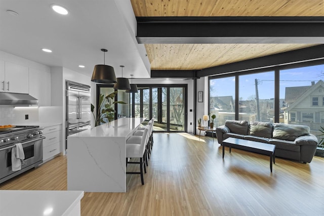 kitchen with premium appliances, white cabinets, wall chimney range hood, tasteful backsplash, and open floor plan