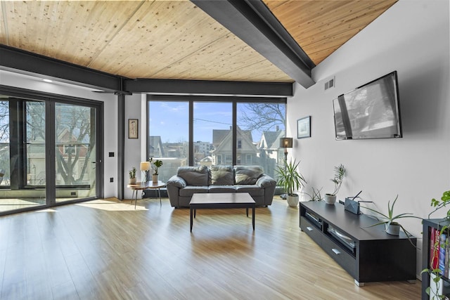 living area with wood finished floors, wood ceiling, visible vents, and beam ceiling