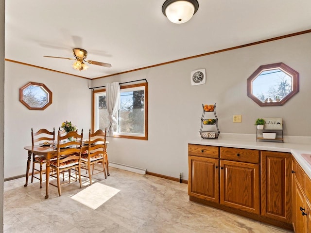 dining room with ceiling fan, baseboards, and ornamental molding