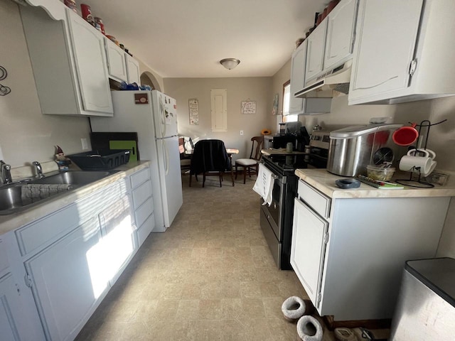 kitchen with stainless steel electric range oven, a sink, light countertops, under cabinet range hood, and white cabinetry