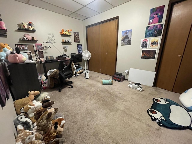 office area featuring a drop ceiling and carpet floors