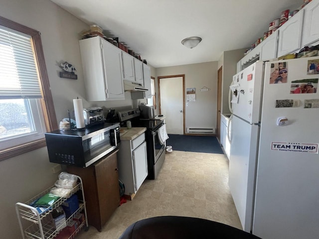 kitchen with stainless steel range with electric stovetop, under cabinet range hood, a baseboard heating unit, freestanding refrigerator, and white cabinets