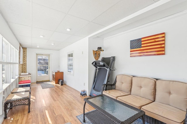 living area with recessed lighting, a drop ceiling, and light wood-style floors