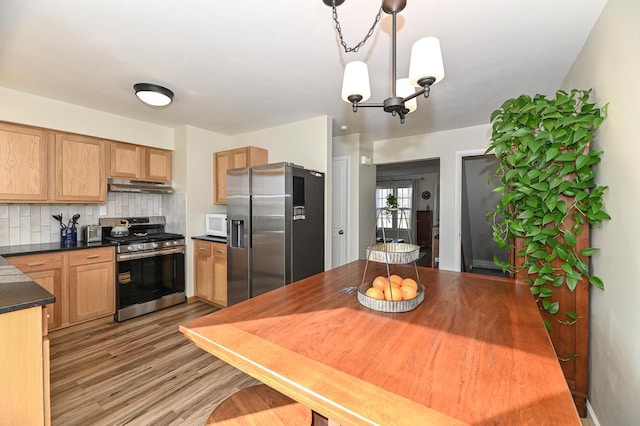 kitchen featuring light wood finished floors, under cabinet range hood, appliances with stainless steel finishes, dark countertops, and tasteful backsplash