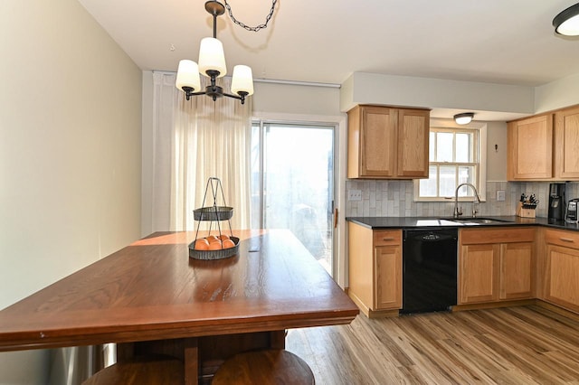 kitchen featuring a sink, decorative backsplash, dark countertops, and dishwasher