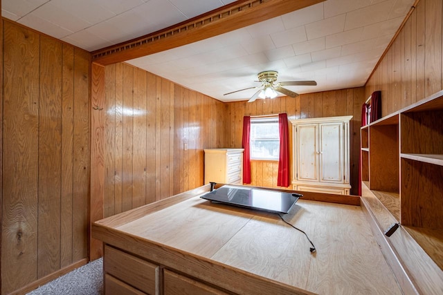 exercise area featuring wood walls and ceiling fan