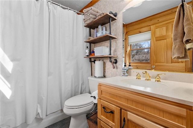 full bathroom with shower / bathtub combination with curtain, toilet, and vanity