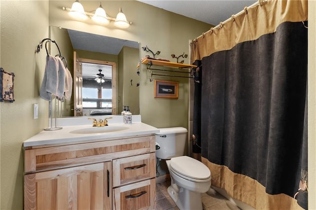 bathroom with vanity, a shower with shower curtain, tile patterned flooring, toilet, and connected bathroom