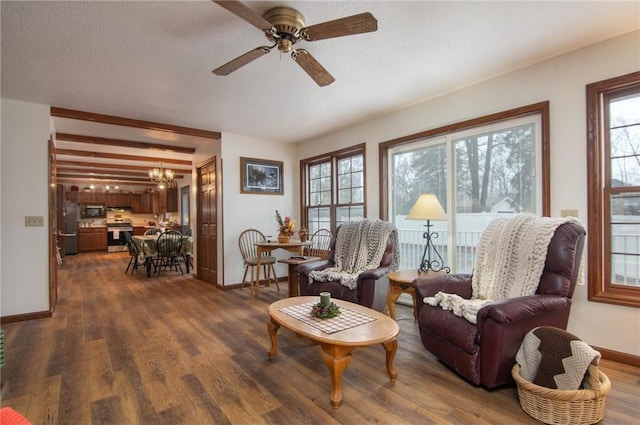 227 Donatelle St, Amery, WI 54001 - living room featuring dark wood finished floors, plenty of natural light, and baseboards