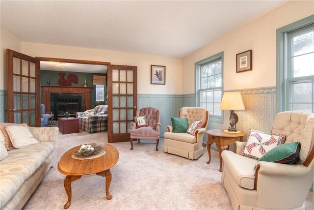 227 Donatelle St, Amery, WI 54001 - living area with a wainscoted wall, carpet floors, and a glass covered fireplace