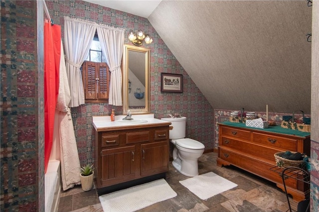 227 Donatelle St, Amery, WI 54001 - full bathroom with toilet, vanity, and lofted ceiling