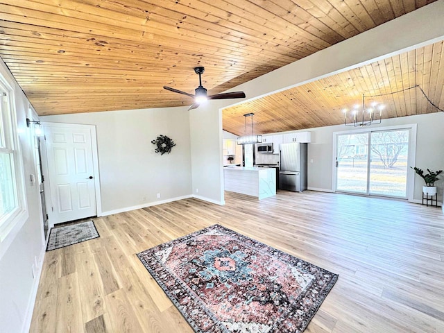 unfurnished living room featuring baseboards, light wood-style flooring, wood ceiling, and lofted ceiling