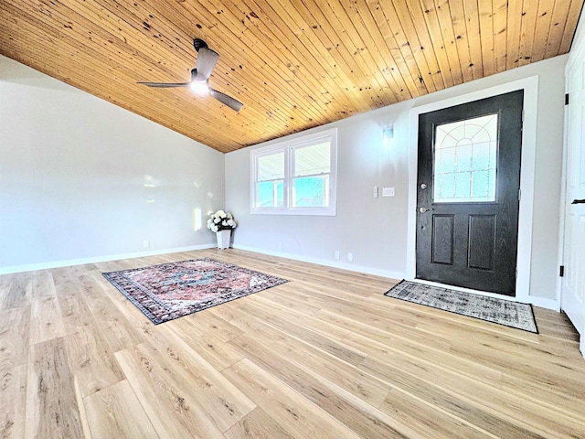 entryway featuring wooden ceiling, baseboards, lofted ceiling, and wood finished floors