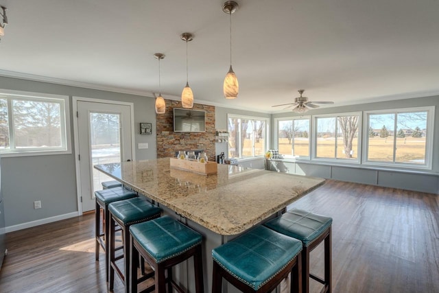 kitchen featuring ornamental molding, a kitchen island, dark wood-style floors, a stone fireplace, and light stone countertops