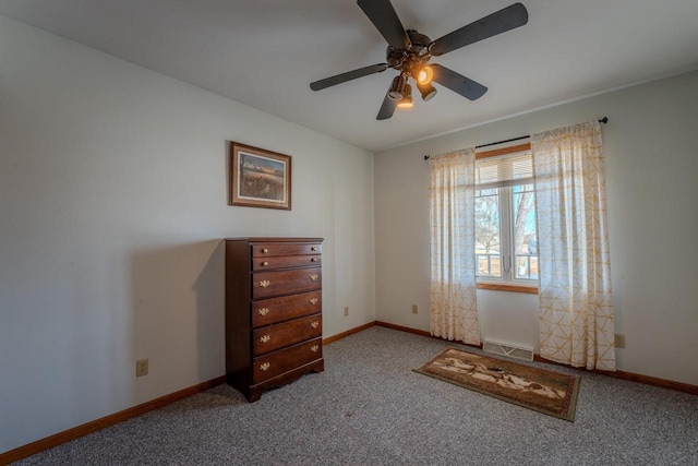 bedroom with visible vents, ceiling fan, baseboards, and carpet