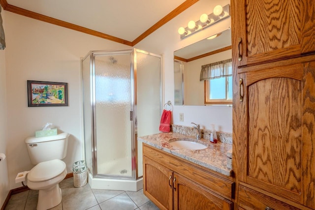 bathroom featuring tile patterned floors, a shower stall, vanity, and crown molding