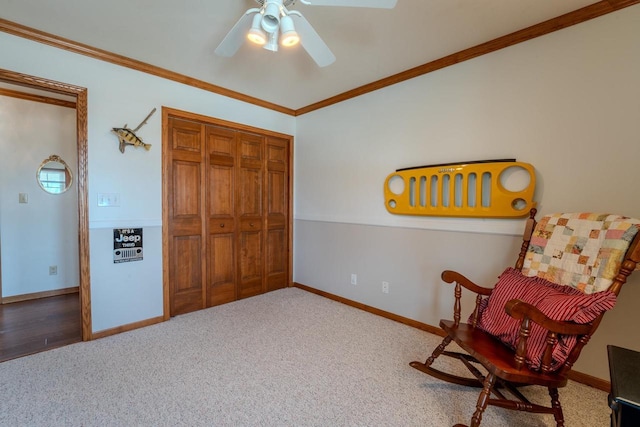 living area with baseboards, carpet, and ornamental molding